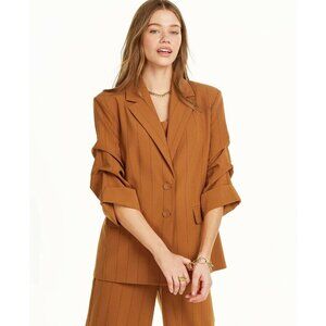 Danielle Bernstein Pinstripe Blazer with Ruched Sleeves, Warm Brown, M